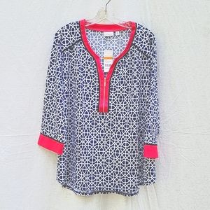 NWT ladies v-neck top, 3/4 sleeves, navy white red, 1/4 zip, sz 3X